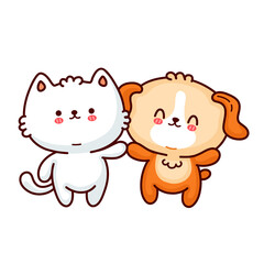 Cute funny little baby dog and cat friends couple. Vector doodle line cartoon kawaii character illustration icon. Isolated on white background. Dog,cat,friends,kittie,puppy,pet,zoo mascot logo concept