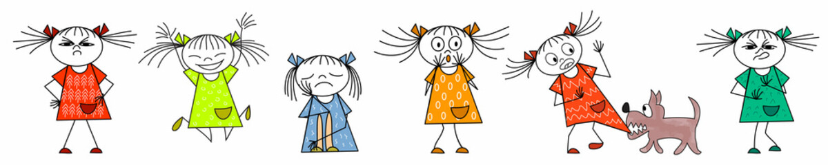 Collection of little girls with different facial expressions: anger, disgust, sad, surprised and joy. Vector illustration isolated on white background, in childish doodles style.