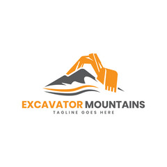 Excavator Mountains Logo design concept vector template - obrazy, fototapety, plakaty