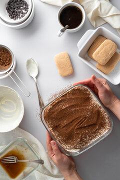 Tiramisu cake step by step recipe. Ingredients for cooking tiramisu dessert, grey background, vertical image.