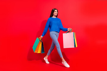 Full size profile side photo of attractive happy young woman look empty space hold bags shop...