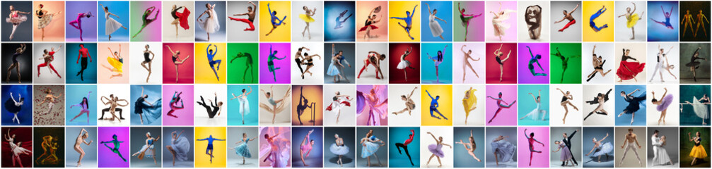 Collage made of portraits of female and male ballet dancers in stage costumes dancing isolated on...