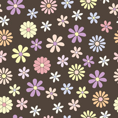 Trendy seamless pattern with cartoon flowers. Hippie and retro aesthetic. Colorful vector background in pastel tones. 60s, 70s, vintage style