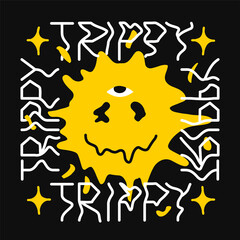 Acid distorted melt smile face. Trippy quote texy. Vector trendy illustration. Deform,distortion,techno,trippy smile face trendy print for cover,t-shirt,poster,sticker wallpaper concept