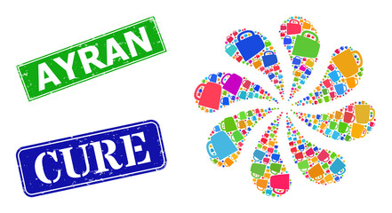 Mug icon multi colored exploding burst turbine salute shape, and rubber Ayran seal. Blue Cure and green Ayran rectangle grunge seal stamps. Turbine burst organized from random colored mug items.