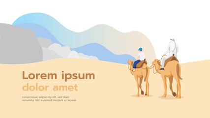 Man and child riding camel in the desert,  illustrator design and isolated background.