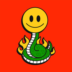 Snake in fire with smile emoji face t-shirt print design. Vector hand drawn logo cartoon character illustration. Snake,smile face,burn print for t-shirt, poster, cover, sticker concept