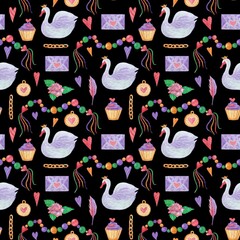 Seamless pattern for Valentines day with swans, hearts, feathers and roses