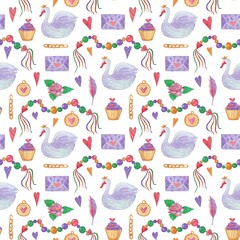 Seamless pattern for Valentines day with swans, hearts, feathers and roses