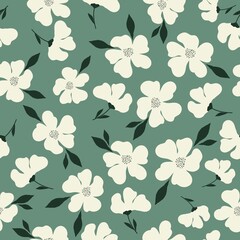 Vintage pattern. Wonderful white flowers, dark green leaves. light green background. Seamless vector template for design and fashion prints.