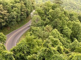 Aerial photo of Blue Ridge Parkway curving through the Appalachian Mountains in North Carolina and...