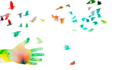 hand and flock of  birds watercolors picture