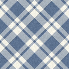 Farmhouse blue plaid seamless pattern. Vintage style twill all over print for tweed wallpaper design. 