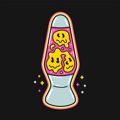 Funny hippie 70s style lava light lamp with melt smile face t-shirt print. Vector cartoon illustration sticker design. Psychedelic,groovy,trippy lava lamp print for t-shirt,poster,card concept