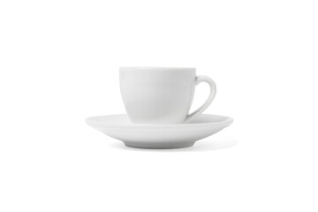 White cup isolated on white background. Ceramic coffee cup or tea mug for drink close up. Mock up classic porcelain utensils.