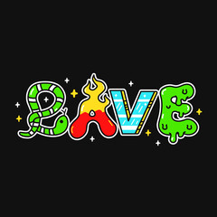 Rave word,trippy psychedelic style letters.Vector hand drawn doodle cartoon character illustration.Funny cool trippy letters,rave,acid fashion print for t-shirt,poster concept