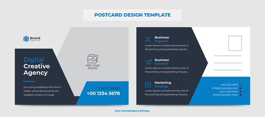 Corporate Modern Business Postcard Design Template. Blue Color Double Sided Postcard Design - obrazy, fototapety, plakaty