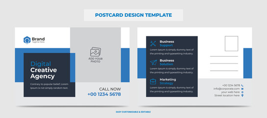 Corporate Modern Business Postcard Design Template. Blue Color Double Sided Postcard Design