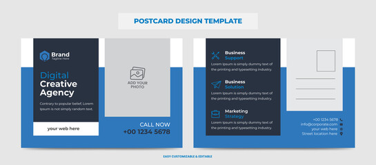 Corporate Modern Business Postcard Design Template. Blue Color Double Sided Postcard Design