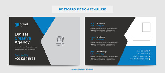 Corporate Modern Business Postcard Design Template. Blue Color Double Sided Postcard Design