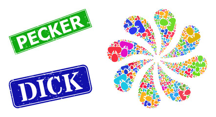 User profile icon colorful centrifugal abstract flower fireworks shape, and grunge Pecker seal. Blue Dick and green Pecker rectangle grunge seal stamps.