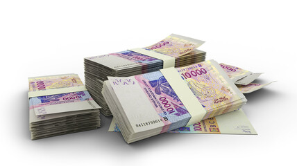3d stack of 10000 West African CFA notes isolated on white background.