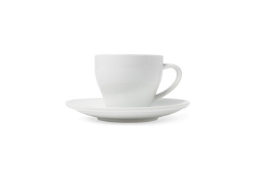 White cup and saucer isolated on white background. Ceramic coffee cup or tea mug and dish for drink close up. Mock up classic porcelain utensils.