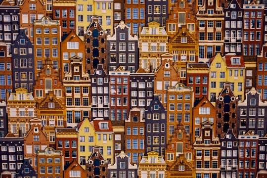 Photo wallpaper of the facades of various buildings. Texture, background.