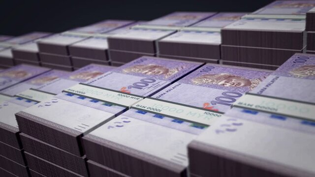 Malaysia Ringgit banknote bundle growth up loop. MYR money stacks. Concept of cash pack, banking, travel, business, economy and finance. Loopable seamless 3d animation.