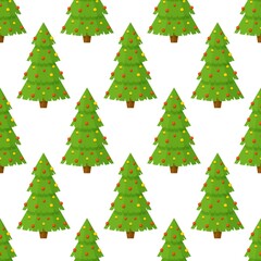 Obraz premium Vector illustration of the pattern of Christmas trees. Seamless drawing for the new year. Packaging paper on a blue background.