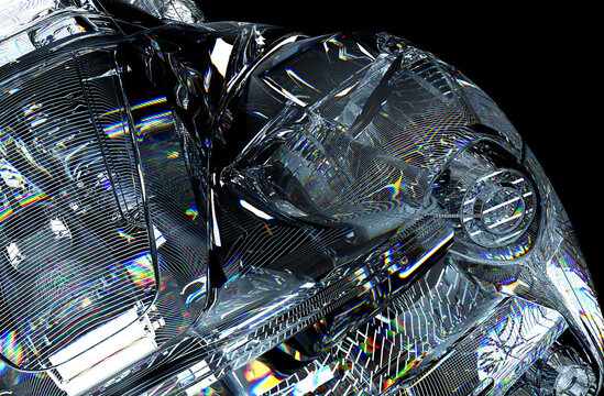 3d render of abstract art surreal 3d background with part of cyber fractal machine part in glass prism material with dispersion diamond effect based on parallel lines structure