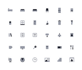 Furniture, devices and decor object. Icons set. Two-color set size 24x24. Vector illustartion.