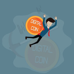 Flat design of business,Young businessman was attacked by digital coin - vector