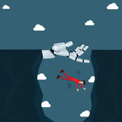 Flat design of business,Young man fell into the ravine while walk on the robot hand - vector