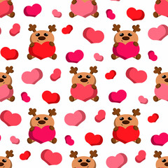 Seamless vector pattern with cute cartoon reindeer and heart