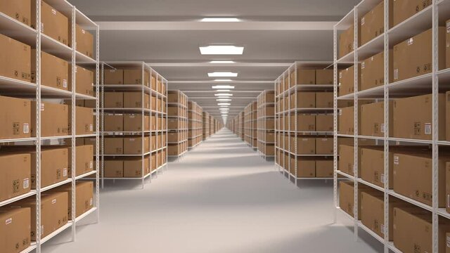 Flight through the warehouse. Shelves with cardboard boxes in a white clean warehouse. Seamless looped first-person shot. Realistic high-quality 3d rendering animation