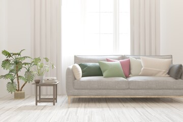 Fototapeta premium Modern living room in white color with sofa. Scandinavian interior design. 3D illustration