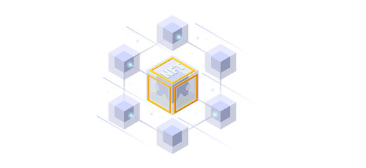 Isometric Digital art NFTs, generative art. NFT Non-fungible token is a unique and non-interchangeable unit of data stored on a digital ledger blockchain. Online payment, transaction