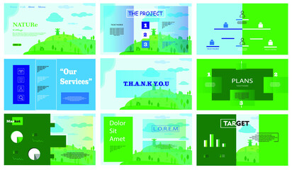 Power point template with nature theme. Presentation, UI, UX,  template set. Marketing, business, sales report, interface, info graphic. Brochure, flyer, landing page. Web design. 