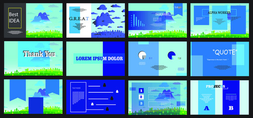 Presentation template with  blue and grey color. Presentation, UI, UX,  template set. Marketing, business, sales report, interface, info graphic. Brochure, flyer, landing page. Web design. 