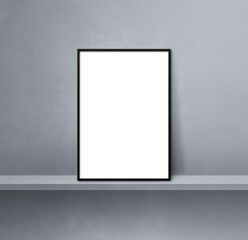 Black picture frame leaning on a grey shelf. 3d illustration. Square background