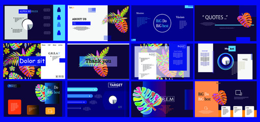 Power point template with dark blue and multicolor style. Presentation, UI, UX,  template set. Marketing, business, sales report, interface, info graphic. Brochure, flyer, landing page. Web design. 