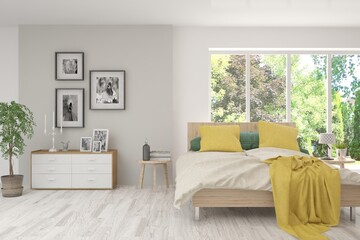 Stylish bedroom in white color with summer landscape in window. Scandinavian interior design. 3D illustration