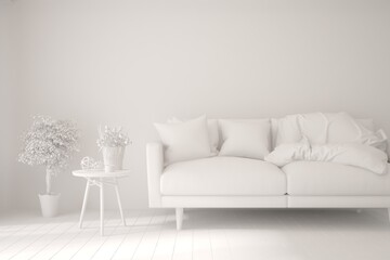 Mock up of minimalist living room in white color with sofa. Scandinavian interior design. 3D illustration