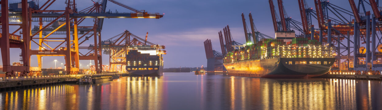 Container terminal in the evening in hamburg harbor 