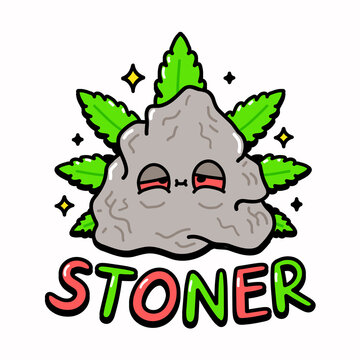 Funny smile stone with smoking red eyes. Stoner quote text print design. Vector doodle cartoon character illustration logo design. High stone,stoner,cannabis print design for poster, t-shirt concept