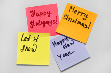 Different New Year's inscriptions on colorful stickers. Christmas banner.