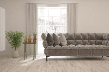 White living room with sofa and winter landscape in window. Scandinavian interior design. 3D illustration