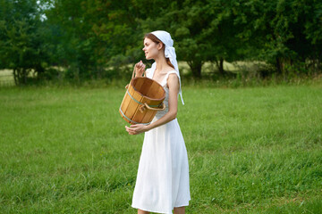 Woman in white dress countryside village nature ecology