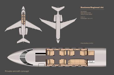 Business jet interior. Private aircraft map. Top view of regional plane. Plane seats scheme. 3d drawing of commercial transport. Realistic industrial blueprint